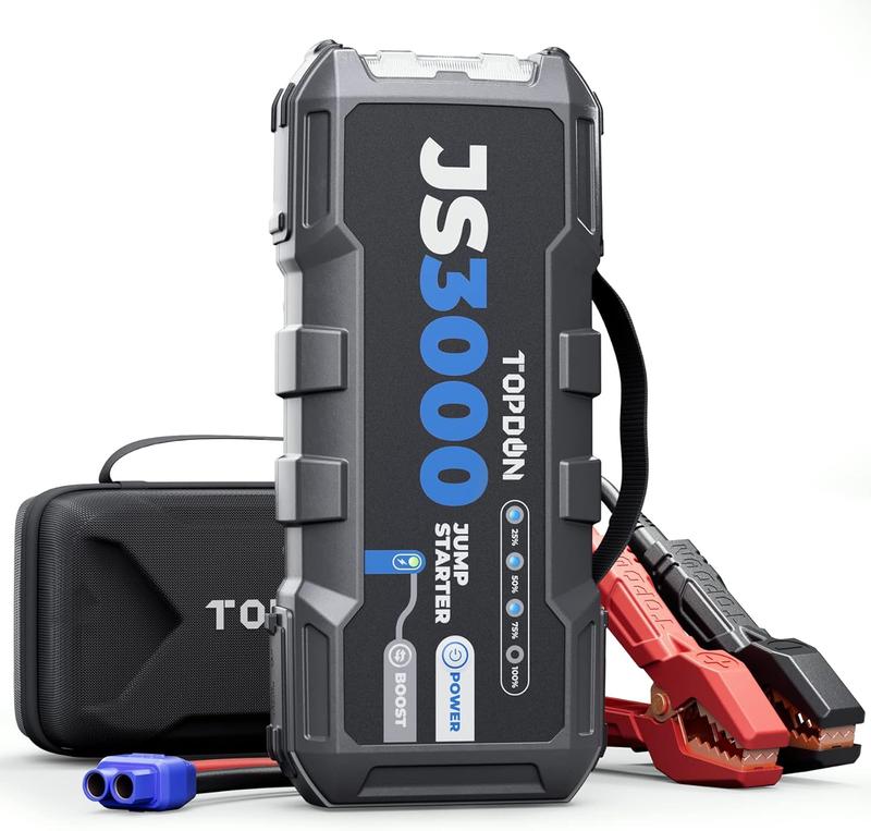 TOPDON Booster Batterie, JS3000 Demarreur Batterie Voiture 3000A/24000mAh Jump Starter Moteurs Diesel Jusqu'à 9 L et 7 L, Charge Rapide USB Lampe Poche LED intégrée