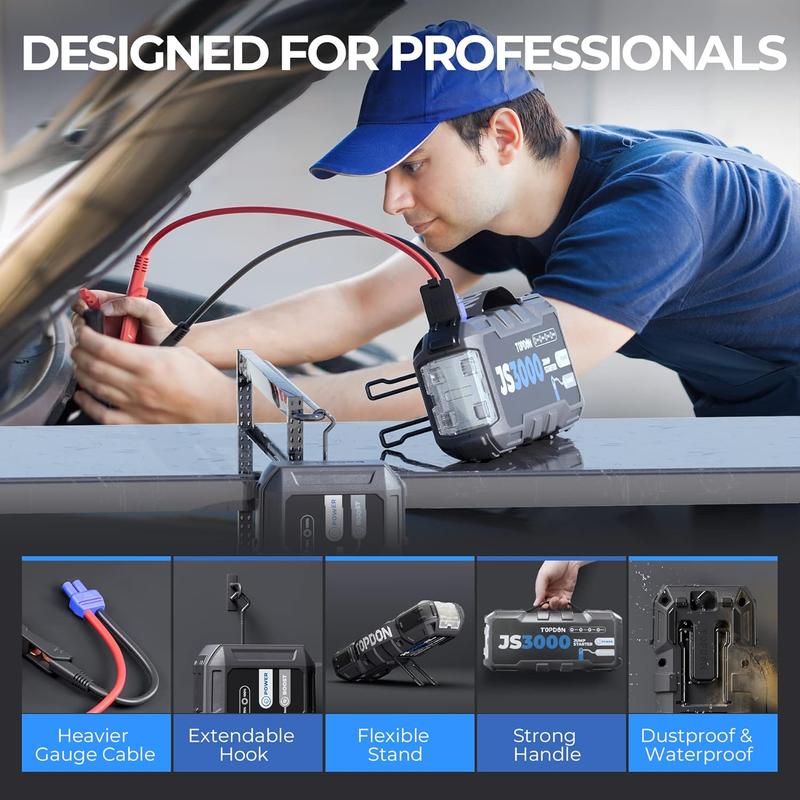 TOPDON Booster Batterie, JS3000 Demarreur Batterie Voiture 3000A/24000mAh Jump Starter Moteurs Diesel Jusqu'à 9 L et 7 L, Charge Rapide USB Lampe Poche LED intégrée — vignette 3