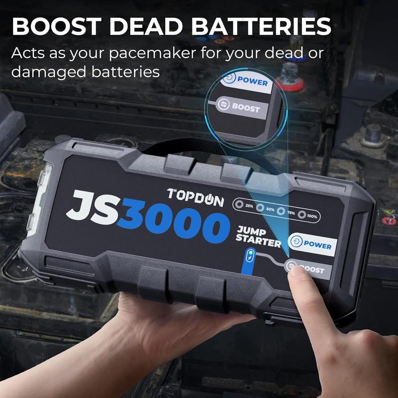TOPDON Booster Batterie, JS3000 Demarreur Batterie Voiture 3000A/24000mAh Jump Starter Moteurs Diesel Jusqu'à 9 L et 7 L, Charge Rapide USB Lampe Poche LED intégrée — vignette 6