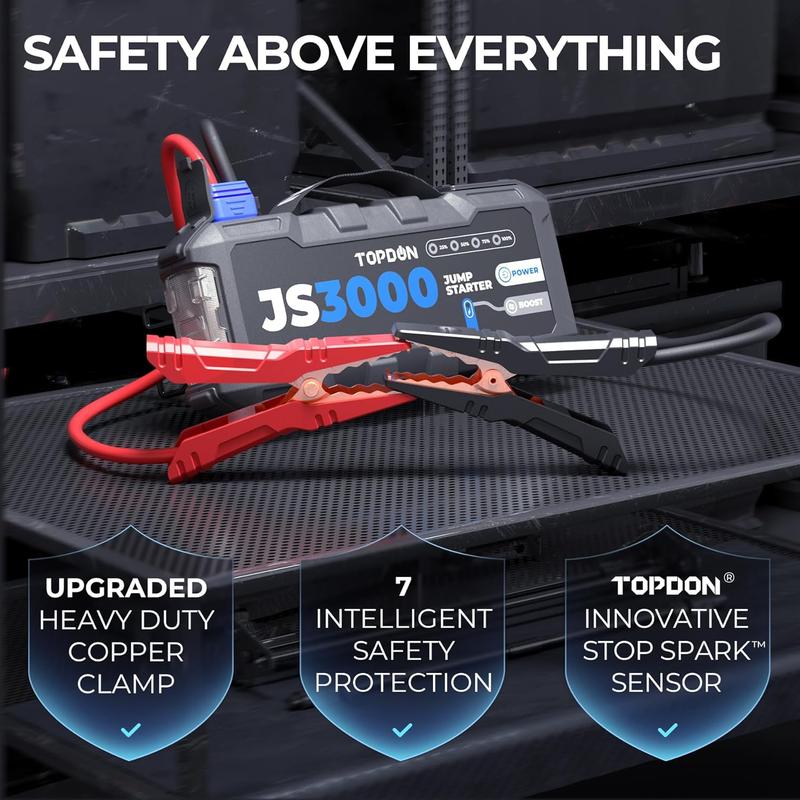 TOPDON Booster Batterie, JS3000 Demarreur Batterie Voiture 3000A/24000mAh Jump Starter Moteurs Diesel Jusqu'à 9 L et 7 L, Charge Rapide USB Lampe Poche LED intégrée — vignette 7