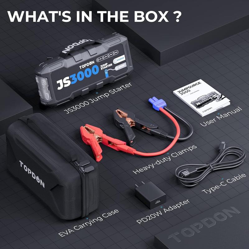 TOPDON Booster Batterie, JS3000 Demarreur Batterie Voiture 3000A/24000mAh Jump Starter Moteurs Diesel Jusqu'à 9 L et 7 L, Charge Rapide USB Lampe Poche LED intégrée — vignette 8