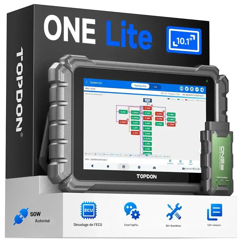 TOPDON ONE Lite 10,1", codage des ECU (120+ marques), plus de 50 fonctions de service, J2534, CAN‑FD, DoIP, SGW, homologué par IA, TopFix Pro, scanner OBD2
