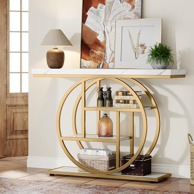 Tribesigns Table Console industrielle à 4 niveaux, 105x30 cm, Table d'entrée avec Base circulaire, Tables d'appoint étroites en bois avec étagères pour salon, couloir, Foyer — vignette 3