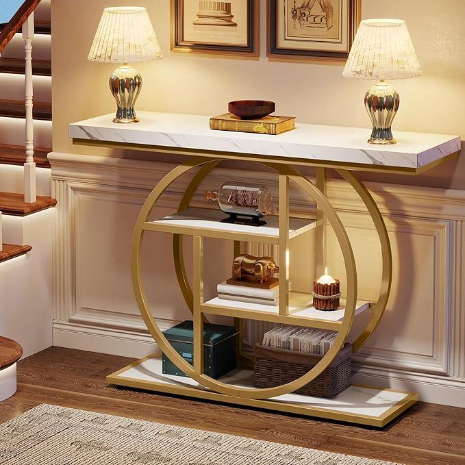 Tribesigns Table Console industrielle à 4 niveaux, 105x30 cm, Table d'entrée avec Base circulaire, Tables d'appoint étroites en bois avec étagères pour salon, couloir, Foyer — vignette 4