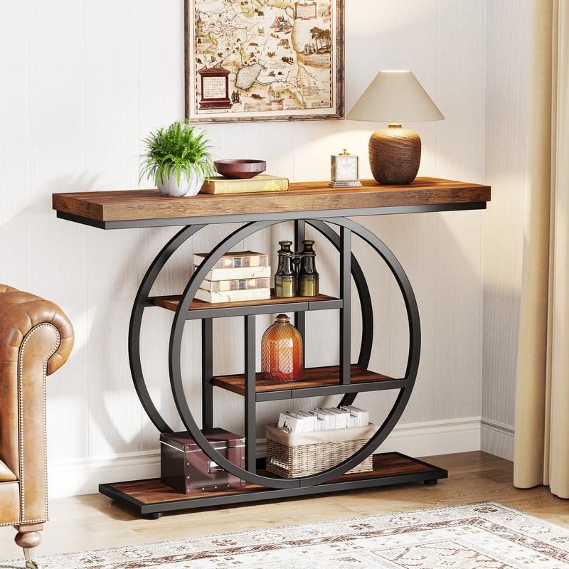 Tribesigns Table Console industrielle à 4 niveaux, 105x30 cm, Table d'entrée avec Base circulaire, Tables d'appoint étroites en bois avec étagères pour salon, couloir, Foyer — vignette 5
