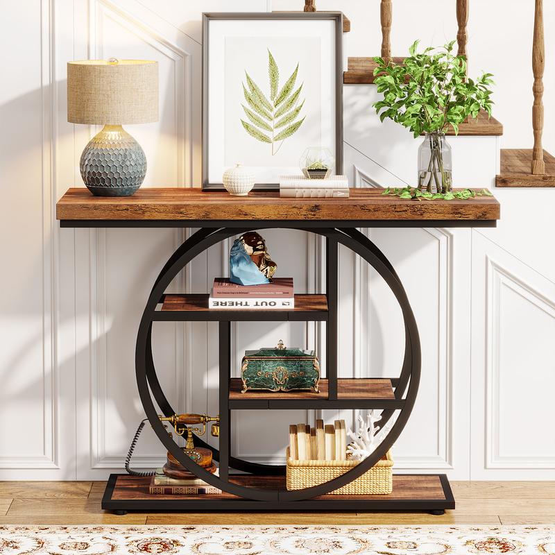 Tribesigns Table Console industrielle à 4 niveaux, 105x30 cm, Table d'entrée avec Base circulaire, Tables d'appoint étroites en bois avec étagères pour salon, couloir, Foyer — vignette 6