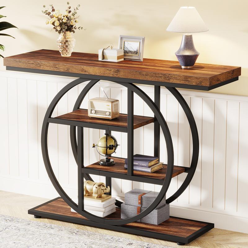 Tribesigns Table Console industrielle à 4 niveaux, 105x30 cm, Table d'entrée avec Base circulaire, Tables d'appoint étroites en bois avec étagères pour salon, couloir, Foyer — vignette 7