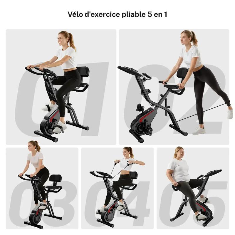 UMAY 5 en 1 vélo d'appartement pliable vertical avec 8 niveaux de résistance, écran LCD, bandes de résistance, dossier & repose bras, charge max. 136 kg — vignette 3
