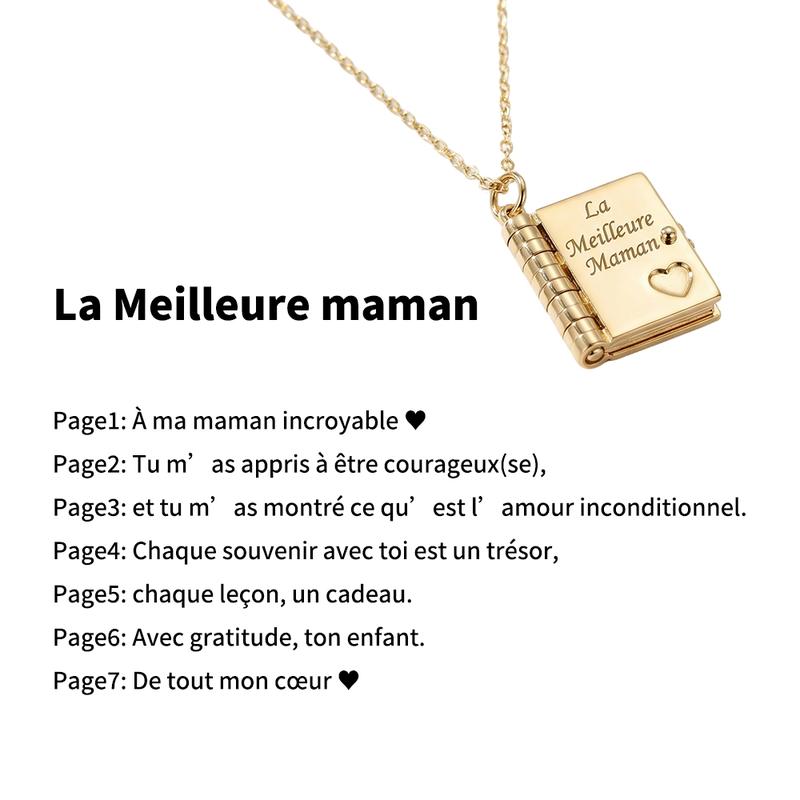 Un collier en forme de livre, gravé de textes, rempli d’amour et de gratitude envers sa mère. C’est le cadeau idéal à offrir à maman, convenant pour la fête des mères, les anniversaires, le Nouvel An, Noël et bien d’autres occasions. — vignette 2