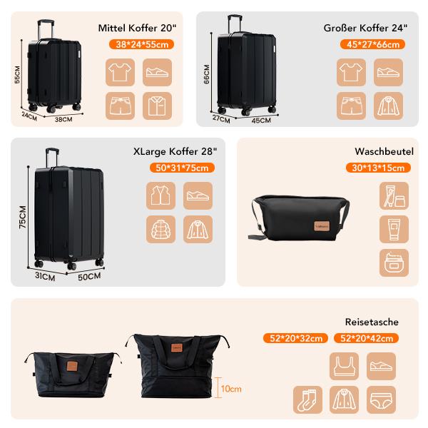 VALLSERO Ensemble de bagages 5 pièces avec serrure TSA en polycarbonne (PC) et résine ABS, valise rigide à cabine 20/24/28 inch avec 4 roues universelles, sac de voyage 12 L, sac de lavage 4,5 L — vignette 5