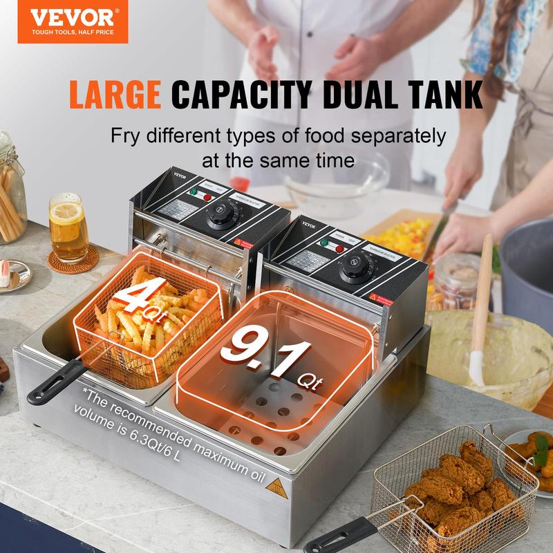 【Vente d’été VEVOR】 Friteuse électrique commerciale VEVOR, grande capacité de 24 L, friteuse de comptoir électrique avec deux paniers amovibles, friteuse double en acier inoxydable 5000 W pour la cuisine, les restaurants et un usage commercial, argentée — vignette 2
