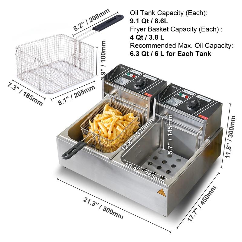 【Vente d’été VEVOR】 Friteuse électrique commerciale VEVOR, grande capacité de 24 L, friteuse de comptoir électrique avec deux paniers amovibles, friteuse double en acier inoxydable 5000 W pour la cuisine, les restaurants et un usage commercial, argentée — vignette 7