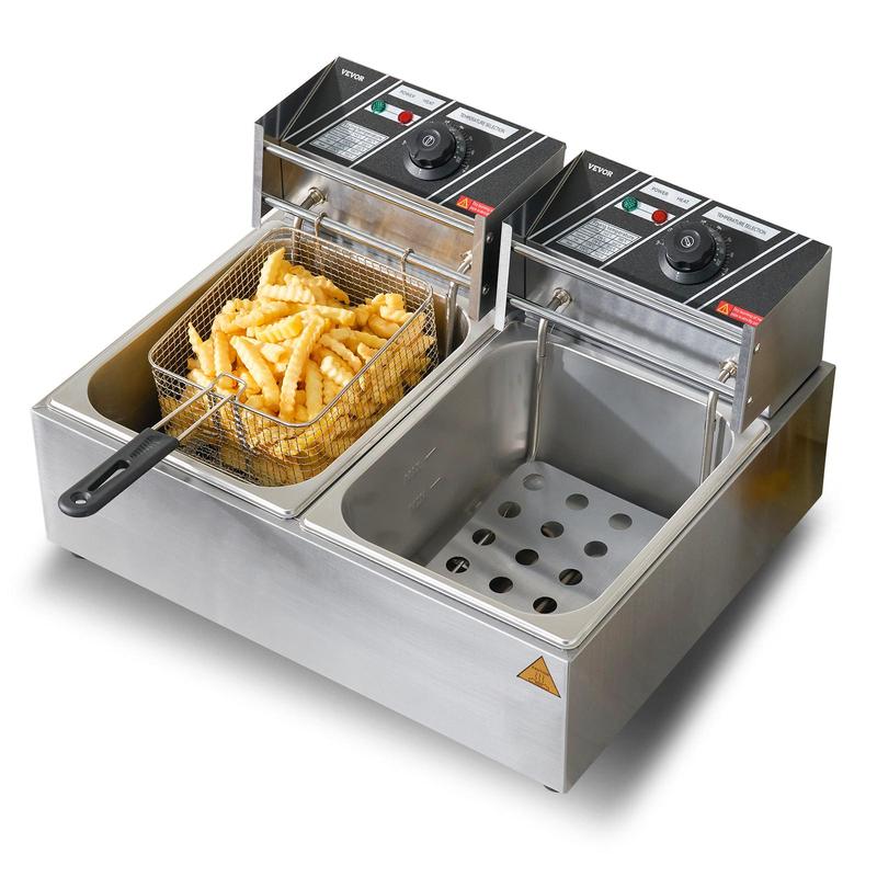 【Vente d’été VEVOR】 Friteuse électrique commerciale VEVOR, grande capacité de 24 L, friteuse de comptoir électrique avec deux paniers amovibles, friteuse double en acier inoxydable 5000 W pour la cuisine, les restaurants et un usage commercial, argentée — vignette 9