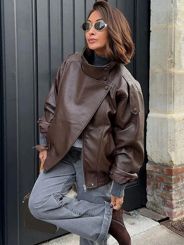 Veste bomber noire en faux cuir, col montant, coupe oversize, veste moto/biker, ourlet élastique, streetwear décontracté, manches longues, imperméable et coupe-vent, vêtement d’extérieur pour le printemps et l’automne — vignette 4