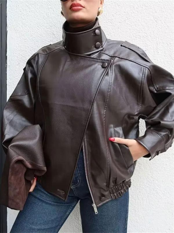 Veste bomber noire en faux cuir, col montant, coupe oversize, veste moto/biker, ourlet élastique, streetwear décontracté, manches longues, imperméable et coupe-vent, vêtement d’extérieur pour le printemps et l’automne — vignette 5