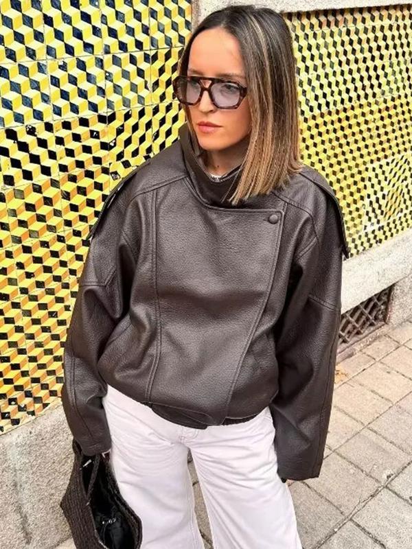 Veste bomber noire en faux cuir, col montant, coupe oversize, veste moto/biker, ourlet élastique, streetwear décontracté, manches longues, imperméable et coupe-vent, vêtement d’extérieur pour le printemps et l’automne — vignette 6