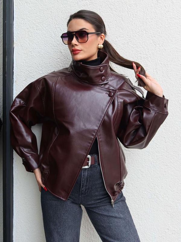 Veste bomber noire en faux cuir, col montant, coupe oversize, veste moto/biker, ourlet élastique, streetwear décontracté, manches longues, imperméable et coupe-vent, vêtement d’extérieur pour le printemps et l’automne — vignette 7
