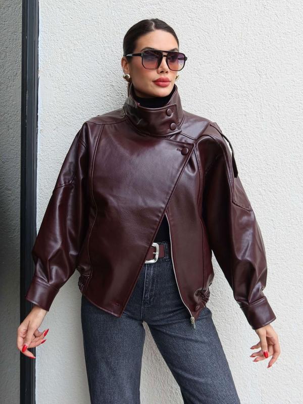 Veste bomber noire en faux cuir, col montant, coupe oversize, veste moto/biker, ourlet élastique, streetwear décontracté, manches longues, imperméable et coupe-vent, vêtement d’extérieur pour le printemps et l’automne — vignette 8