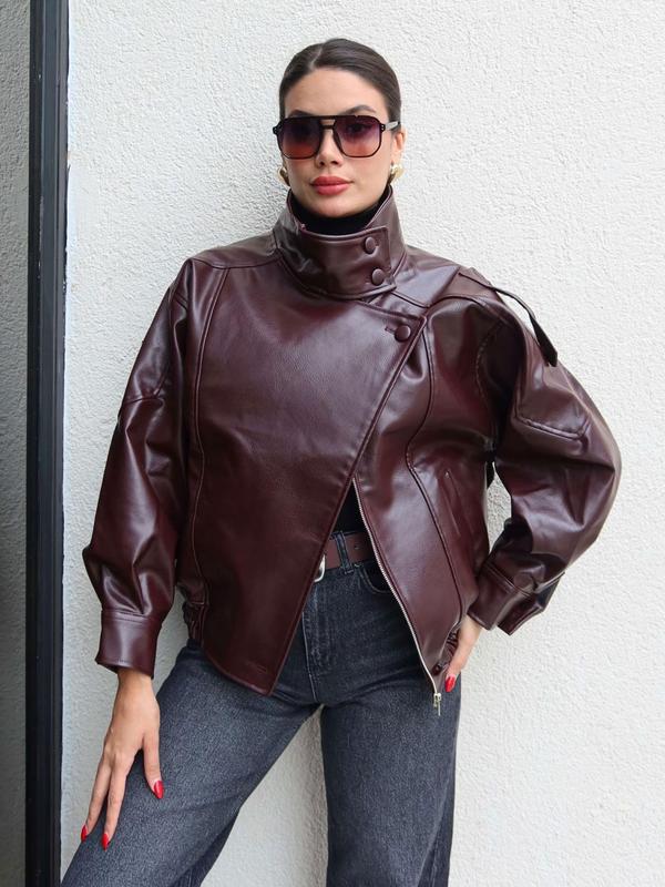 Veste bomber noire en faux cuir, col montant, coupe oversize, veste moto/biker, ourlet élastique, streetwear décontracté, manches longues, imperméable et coupe-vent, vêtement d’extérieur pour le printemps et l’automne — vignette 9