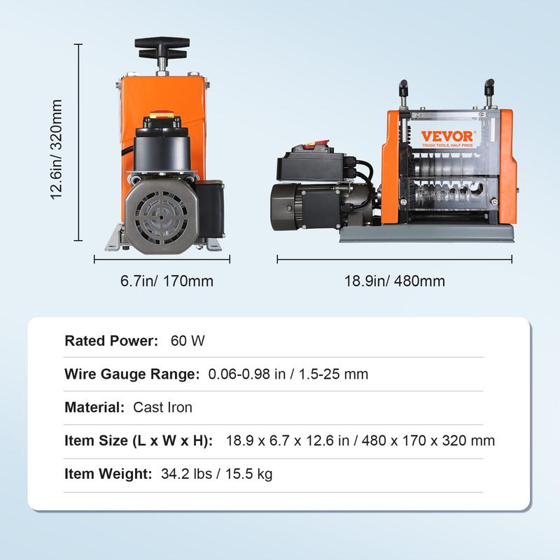 VEVOR Machine a Denuder Electrique 1,5-25 mm Denudeur Cable Auto Motorise 60 W Denudeuse Pince a Denuder Depouillement Fil Repere Profondeur Visible 6 Canaux Ronds 1 Canal Plat pour Recyclage Cuivre — vignette 7