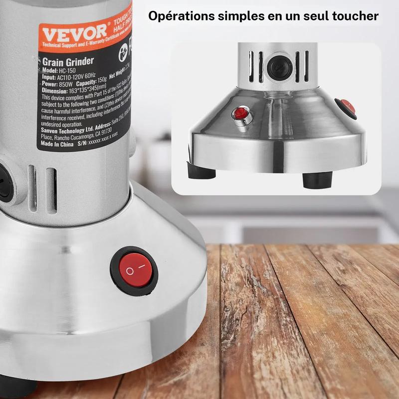 【VEVOR Soldes d'Été】VEVOR 150 g meule à céréales électrique / meule à vin, meuleuses à épices commerciales haute puissance 850 W, broyeur/machine à poudre en acier inoxydable, pour céréales secs, épices, céréales, café, maïs, poivre — vignette 4
