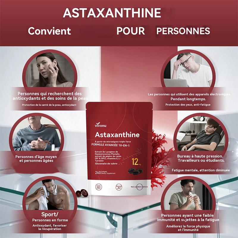 VivoNu Astaxanthine Capsules | 12 mg astaxanthine, Haematococcus pluvialis, extrait pépins de raisin, extrait tomate, L-tyrosine, vitamine E, gluconate cuivre | Soutien cutané, protection antioxydante, soutien oculaire et métabolique | 240 capsules — vignette 4
