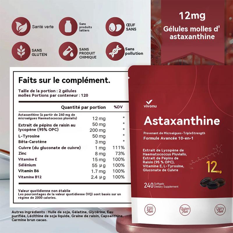VivoNu Astaxanthine Capsules | 12 mg astaxanthine, Haematococcus pluvialis, extrait pépins de raisin, extrait tomate, L-tyrosine, vitamine E, gluconate cuivre | Soutien cutané, protection antioxydante, soutien oculaire et métabolique | 240 capsules — vignette 7