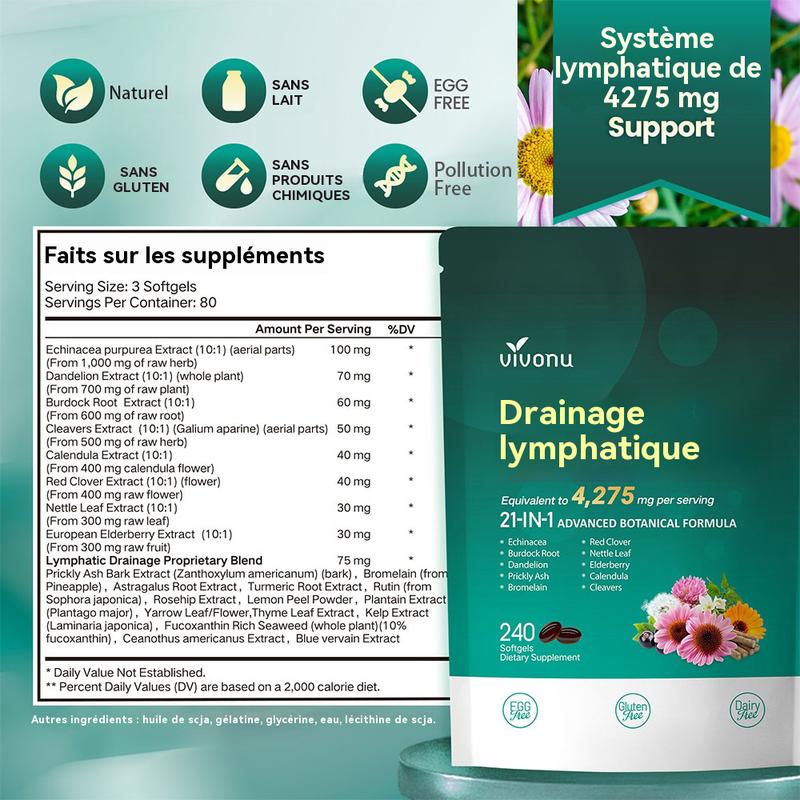 VivoNu Complément de Drainage Lymphatique, 4275mg Complément de Support du Système Lymphatique pour Femmes et Hommes, Mélange Herboréal 21-en-1 avec Échinacée, Pissenlit, Bardane, Broméline, Souci, Curcuma et Plus — vignette 7
