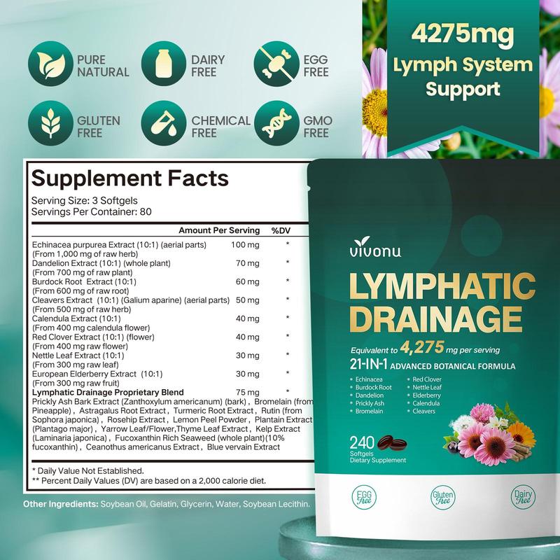 VIVONU Lymphatic – Soutient la circulation lymphatique | Détoxifie & aide à réduire les gonflements | Ingrédients clés : Échinacée, Pissenlit, Ortie, Bardane, Souci (Calendula), Trèfle rouge | 240 gélules | Soutient le système immunitaire & le métabolisme — vignette 4