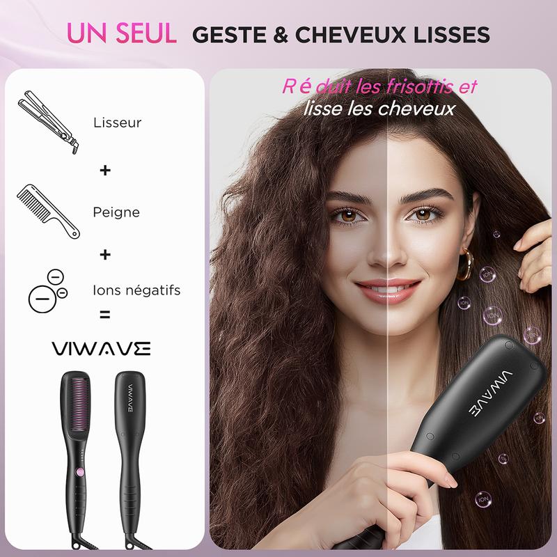 Viwave - Lisseur vapeur, brosse chauffante 3 en 1, peigne lisseur, accessoire de coiffure pour la maison, technologie ionique anti-brûlure, anti-frisottis, confort, design ergonomique, 4 températures et sécurité maximale. — vignette 3