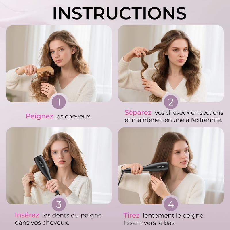 Viwave - Lisseur vapeur, brosse chauffante 3 en 1, peigne lisseur, accessoire de coiffure pour la maison, technologie ionique anti-brûlure, anti-frisottis, confort, design ergonomique, 4 températures et sécurité maximale. — vignette 8