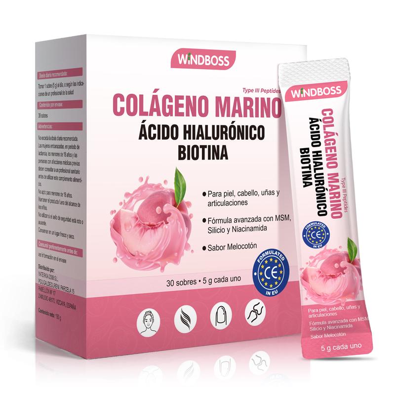WindBoss Collagène marin type III avec acide hyaluronique et biotine pour la peau, les cheveux, les ongles et le soutien des articulations Formule premium européenne sans sucre, sans gluten, sans OGM Saveur pêche J01 — vignette 1