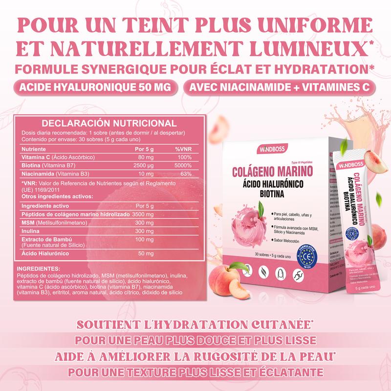 WindBoss Collagène marin type III avec acide hyaluronique et biotine pour la peau, les cheveux, les ongles et le soutien des articulations Formule premium européenne sans sucre, sans gluten, sans OGM Saveur pêche J01 — vignette 5
