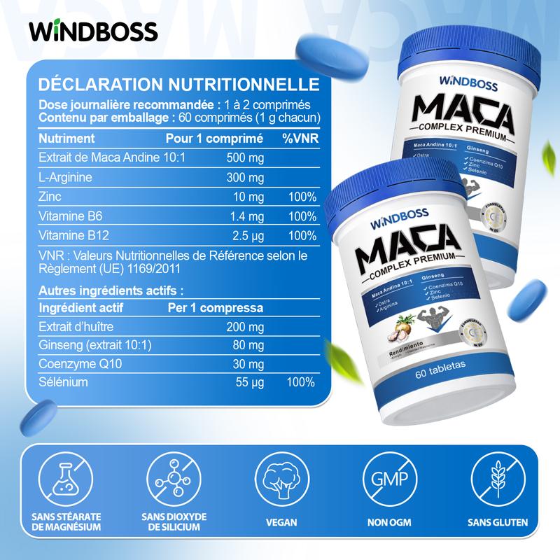 Windboss Maca avec L-arginine, ginseng, huître et coenzyme Q10 – Énergie, vitalité, naturelles M01 — vignette 2