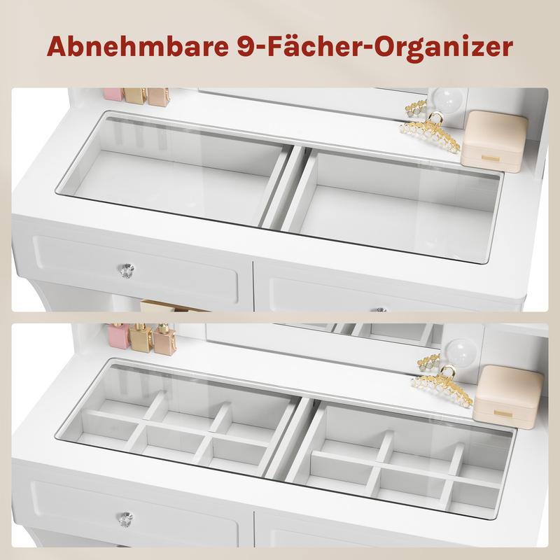 Woltu Coiffeuse, Table de Maquillage avec 10 Lumières LED et Miroir, Plateau en Verre Transparent, Coiffeuse avec 6 Tiroirs Ouverts, pour Salon Chambre, moderne,Blanc, 135x80x40cm, MB6129ws — vignette 2