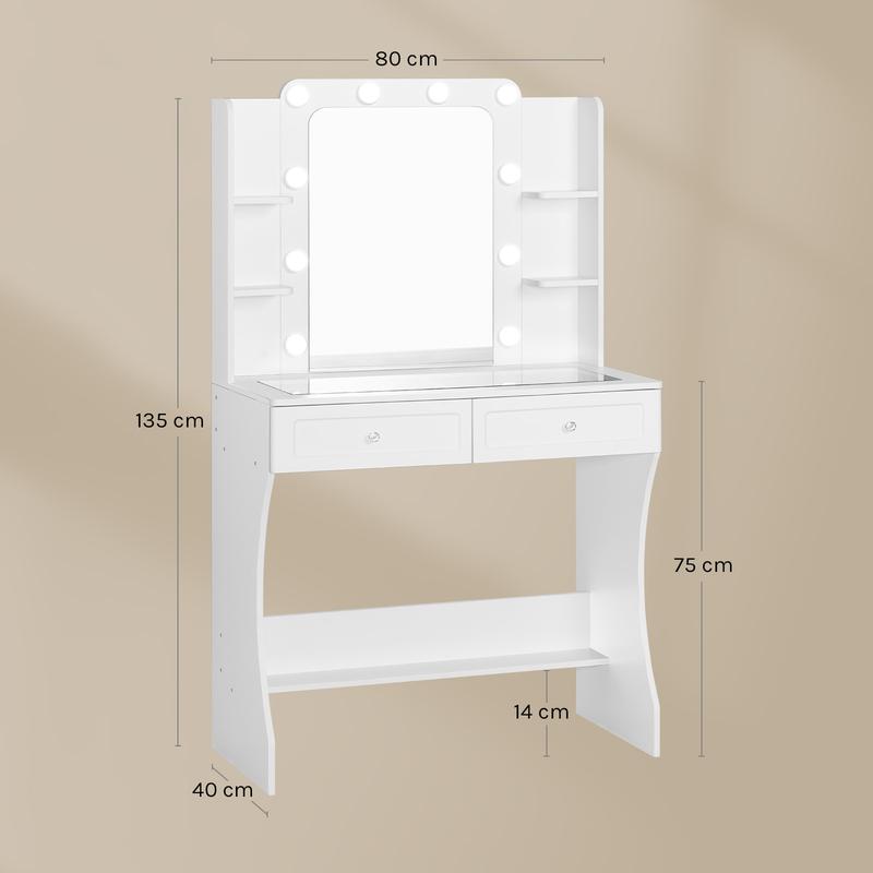 Woltu Coiffeuse, Table de Maquillage avec 10 Lumières LED et Miroir, Plateau en Verre Transparent, Coiffeuse avec 6 Tiroirs Ouverts, pour Salon Chambre, moderne,Blanc, 135x80x40cm, MB6129ws — vignette 3