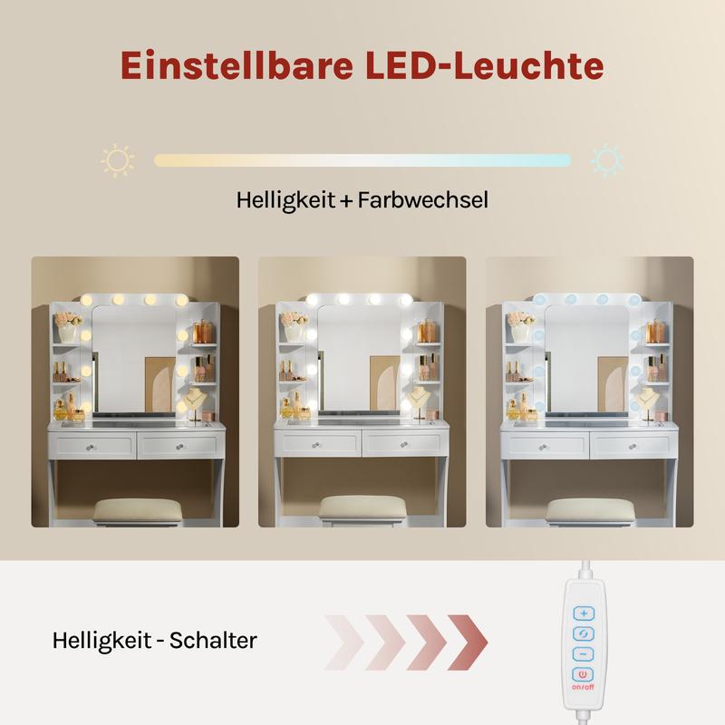 Woltu Coiffeuse, Table de Maquillage avec 10 Lumières LED et Miroir, Plateau en Verre Transparent, Coiffeuse avec 6 Tiroirs Ouverts, pour Salon Chambre, moderne,Blanc, 135x80x40cm, MB6129ws — vignette 4