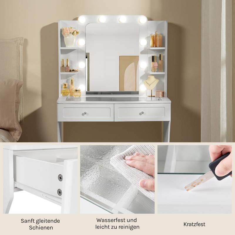 Woltu Coiffeuse, Table de Maquillage avec 10 Lumières LED et Miroir, Plateau en Verre Transparent, Coiffeuse avec 6 Tiroirs Ouverts, pour Salon Chambre, moderne,Blanc, 135x80x40cm, MB6129ws — vignette 5