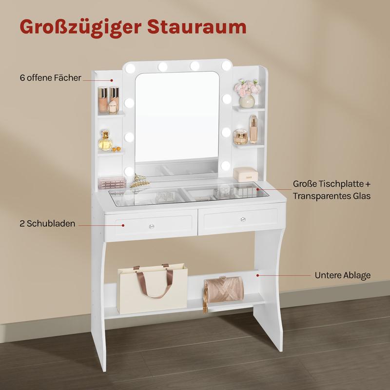 Woltu Coiffeuse, Table de Maquillage avec 10 Lumières LED et Miroir, Plateau en Verre Transparent, Coiffeuse avec 6 Tiroirs Ouverts, pour Salon Chambre, moderne,Blanc, 135x80x40cm, MB6129ws — vignette 7