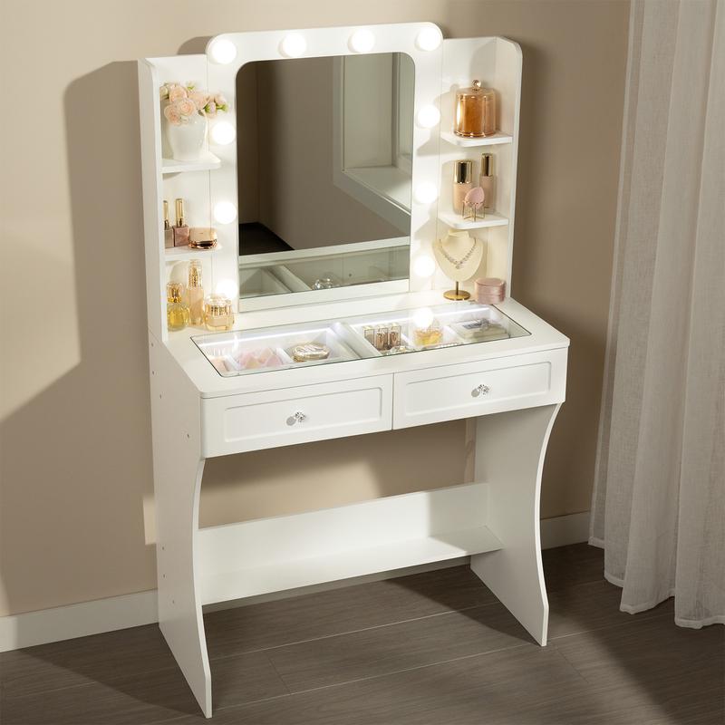Woltu Coiffeuse, Table de Maquillage avec 10 Lumières LED et Miroir, Plateau en Verre Transparent, Coiffeuse avec 6 Tiroirs Ouverts, pour Salon Chambre, moderne,Blanc, 135x80x40cm, MB6129ws — vignette 8