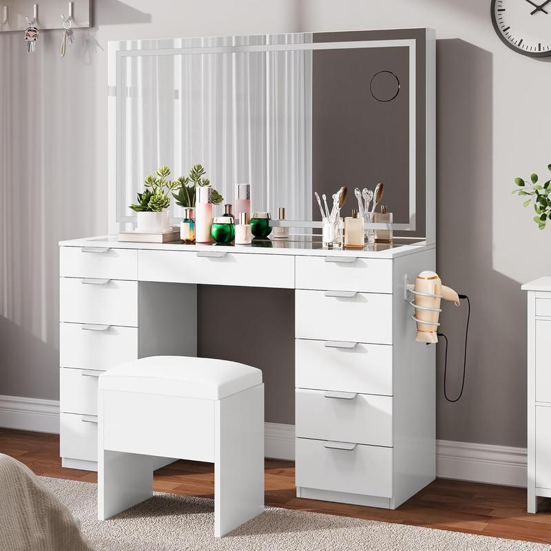 YITAHOME Coiffeuse Grande avec Éclairage LED Réglable et Prises, Coiffeuse avec Miroir, Coiffeuse avec 11 Tiroirs avec Tabouret, Blanc — vignette 3