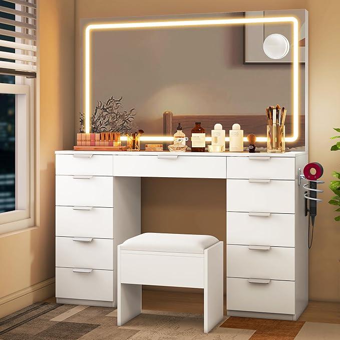 YITAHOME Coiffeuse Grande avec Éclairage LED Réglable et Prises, Coiffeuse avec Miroir, Coiffeuse avec 11 Tiroirs avec Tabouret, Blanc — vignette 4