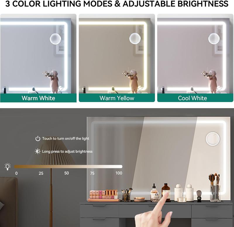 YITAHOME Coiffeuse Grande avec Éclairage LED Réglable et Prises, Coiffeuse avec Miroir, Coiffeuse avec 11 Tiroirs avec Tabouret, Blanc — vignette 5