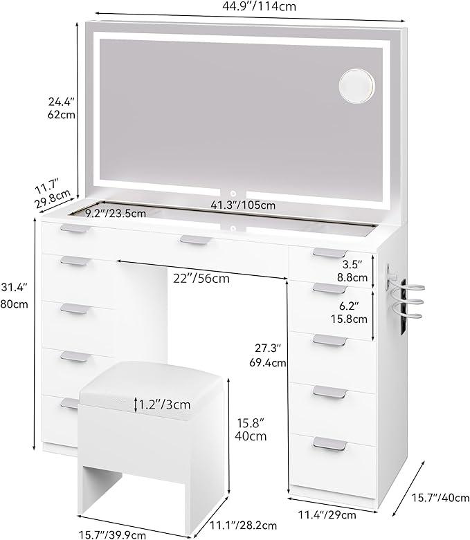 YITAHOME Coiffeuse Grande avec Éclairage LED Réglable et Prises, Coiffeuse avec Miroir, Coiffeuse avec 11 Tiroirs avec Tabouret, Blanc — vignette 6