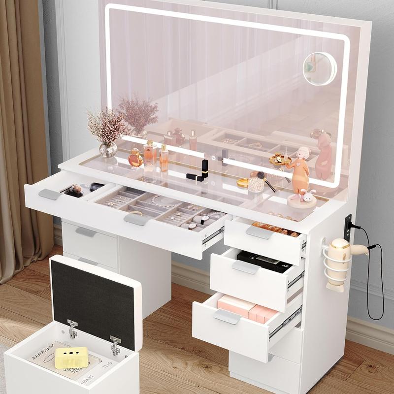 YITAHOME Coiffeuse Grande avec Éclairage LED Réglable et Prises, Coiffeuse avec Miroir, Coiffeuse avec 11 Tiroirs avec Tabouret, Blanc — vignette 7
