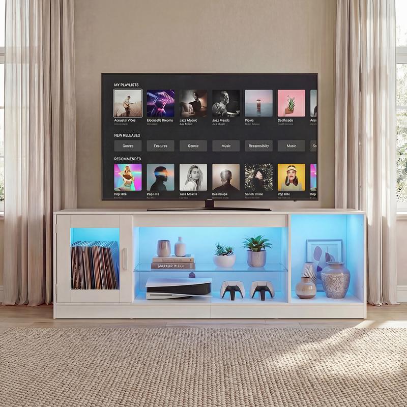YITAHOME Meuble TV 148 cm avec éclairage LED RVB (22 modes) pour téléviseurs jusqu’à 65 inch, meuble basse tête de TV à compartiments réglables et vitres de sécurité – idéal comme meuble sous TV pour salon & chambre