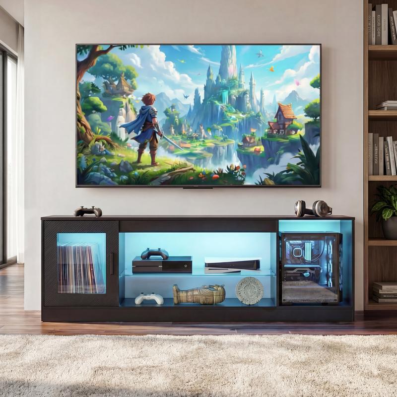 YITAHOME Meuble TV 148 cm avec éclairage LED RVB (22 modes) pour téléviseurs jusqu’à 65 inch, meuble basse tête de TV à compartiments réglables et vitres de sécurité – idéal comme meuble sous TV pour salon & chambre — vignette 3