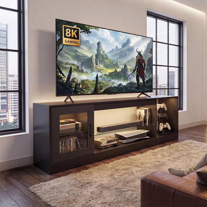 YITAHOME Meuble TV 148 cm avec éclairage LED RVB (22 modes) pour téléviseurs jusqu’à 65 inch, meuble basse tête de TV à compartiments réglables et vitres de sécurité – idéal comme meuble sous TV pour salon & chambre — vignette 4