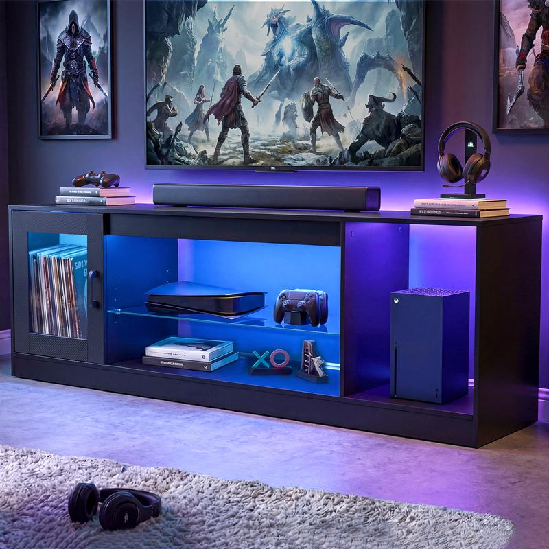 YITAHOME Meuble TV 148 cm avec éclairage LED RVB (22 modes) pour téléviseurs jusqu’à 65 inch, meuble basse tête de TV à compartiments réglables et vitres de sécurité – idéal comme meuble sous TV pour salon & chambre — vignette 8
