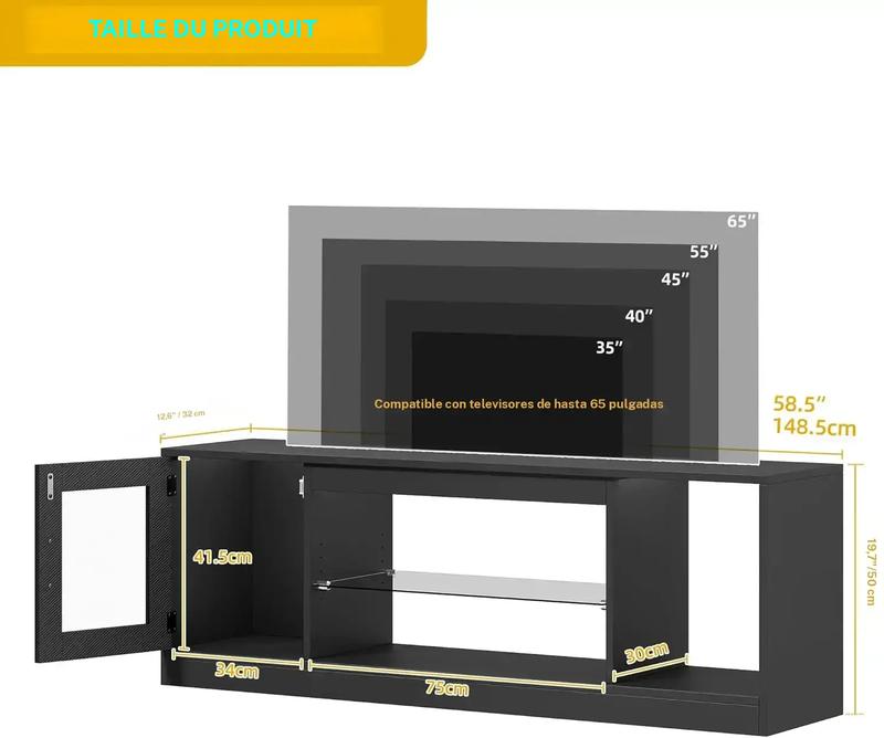 YITAHOME Meuble TV 148 cm avec éclairage LED RVB (22 modes) pour téléviseurs jusqu’à 65 inch, meuble basse tête de TV à compartiments réglables et vitres de sécurité – idéal comme meuble sous TV pour salon & chambre — vignette 9